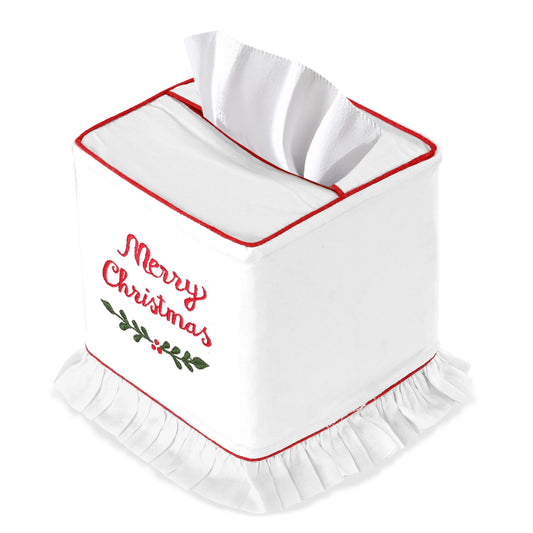 White tissue holder with red trim and 'Merry Christmas' text on a white background