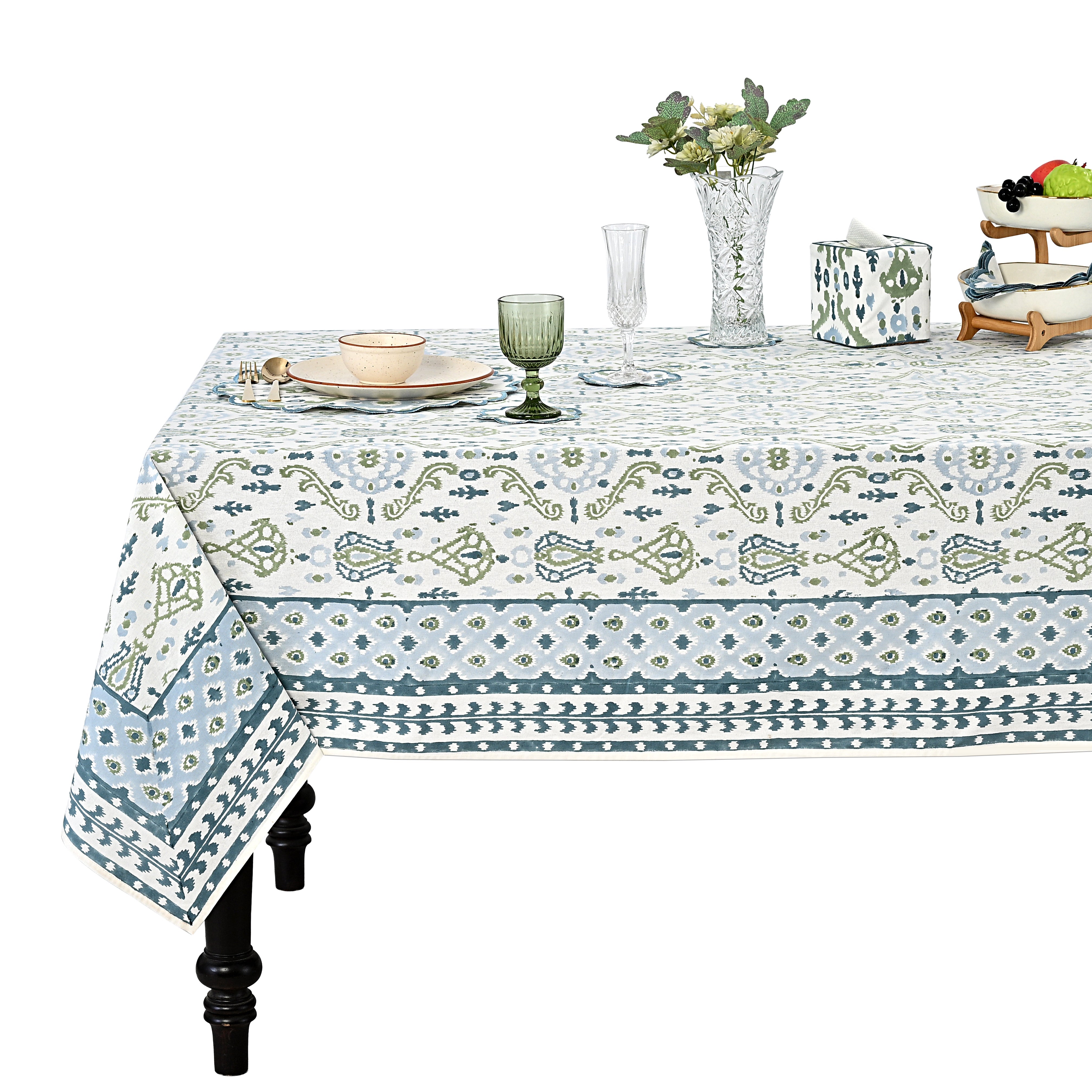 Costal Ikat blue and sage green Square & Rectangle Tablecloth Ridhi Block Print