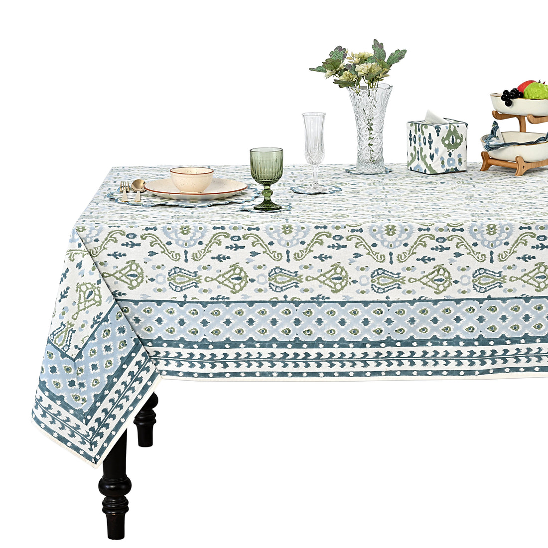 Costal Ikat blue and sage green Square & Rectangle Tablecloth Ridhi Block Print