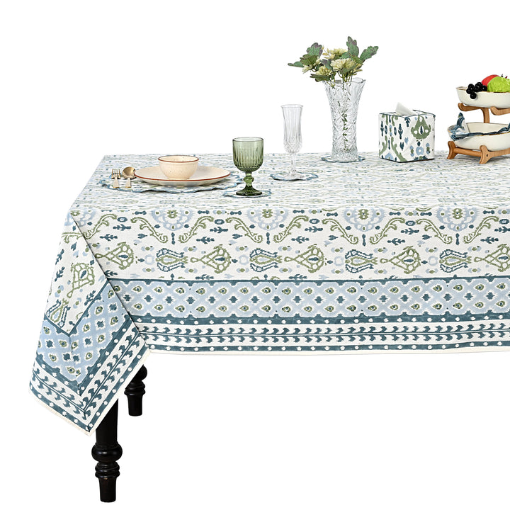 Costal Ikat blue and sage green Square & Rectangle Tablecloth Ridhi Block Print