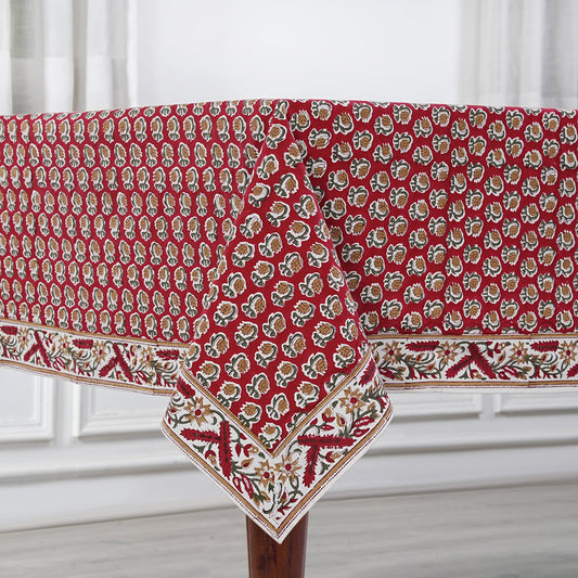 Choclate Cosmos Red Rectangle Tablecloth Ridhi Block Print