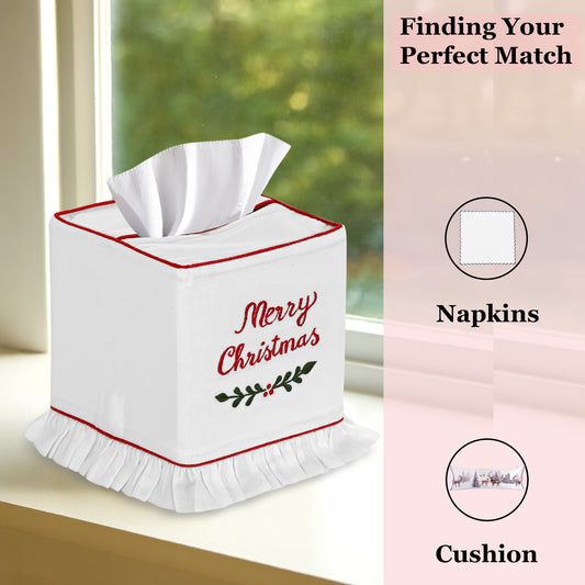 Tissue box cover with 'Merry Christmas' text on a windowsill.