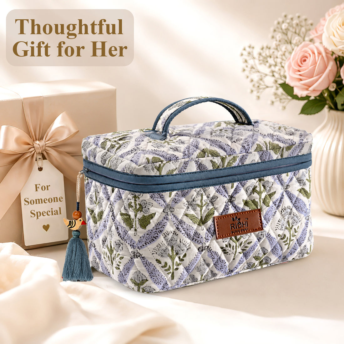 Light Steel Blue Block Print Quilted Cosmetic Bag