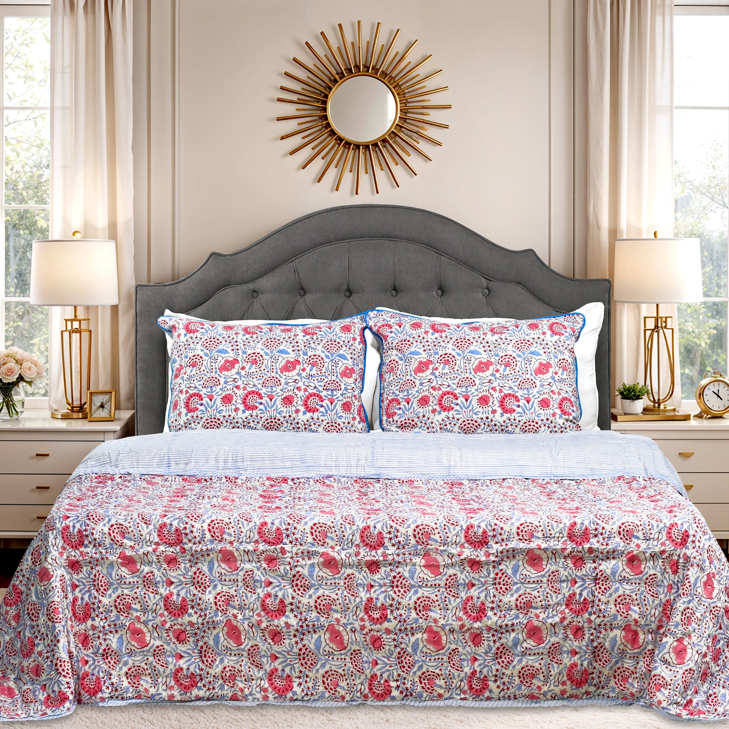 Pigeon Blue & Flamingo Pink Quilt Ridhi Block Print