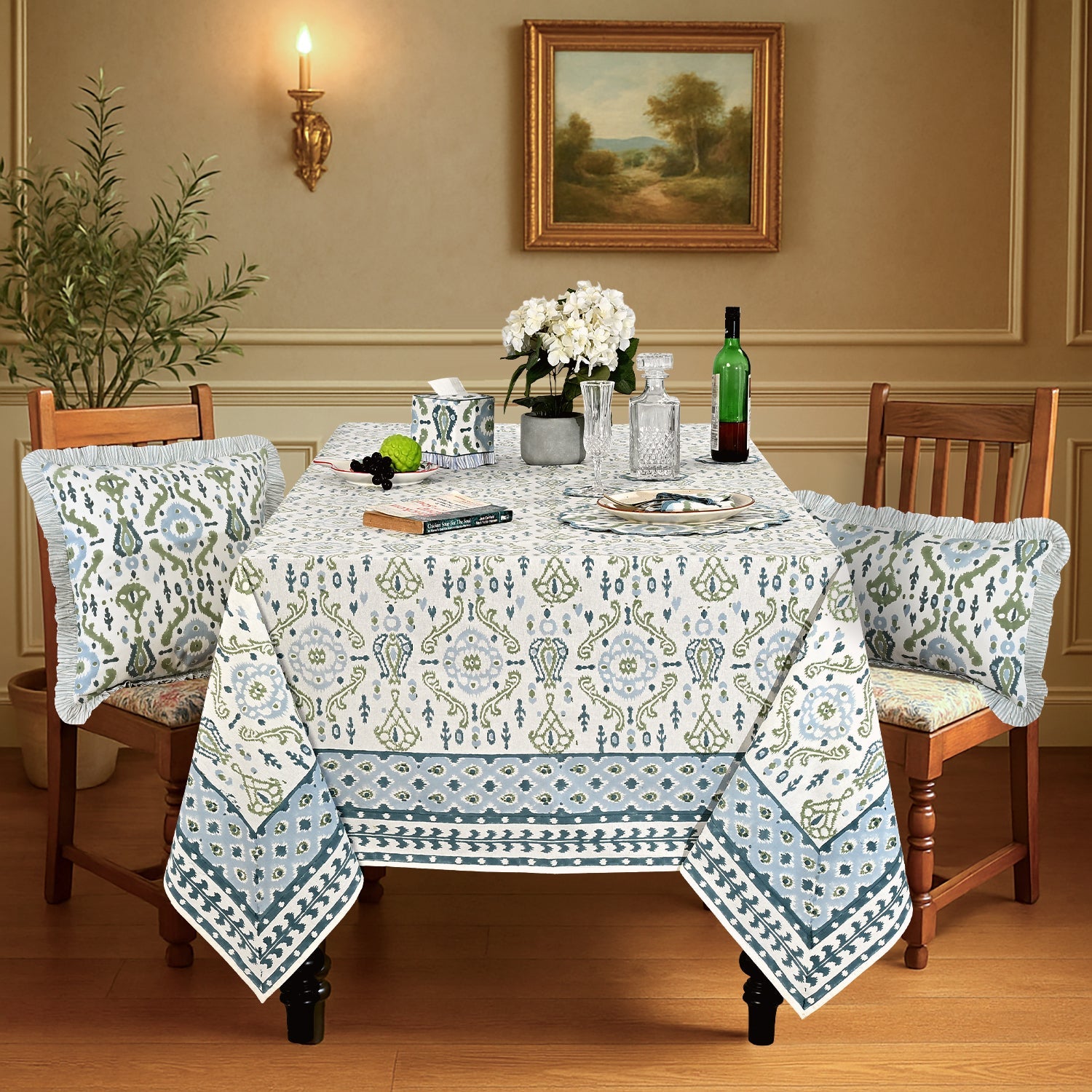 Costal Ikat blue and sage green Square & Rectangle Tablecloth Ridhi Block Print