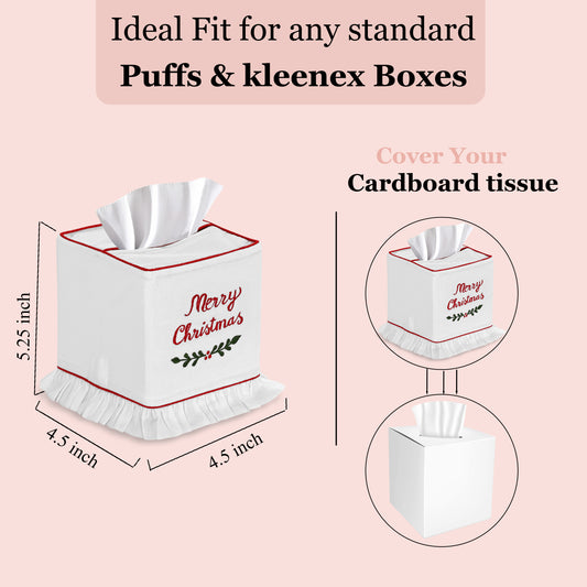 Christmas-themed tissue box cover with measurements on a pink background