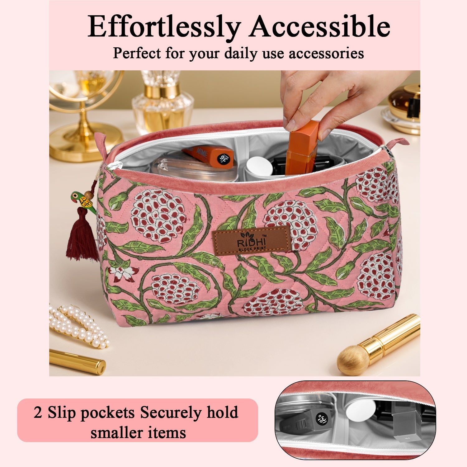 Block Print Cotton Quilted Toiletry Bag - Strawberry Pink RIDHI