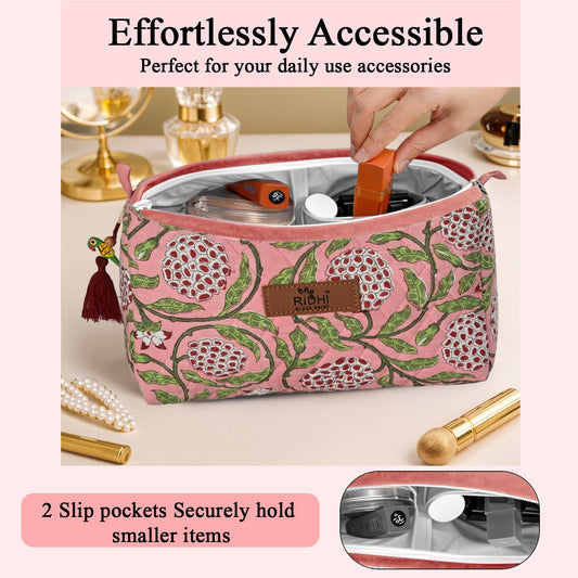 Block Print Cotton Quilted Toiletry Bag - Strawberry Pink RIDHI