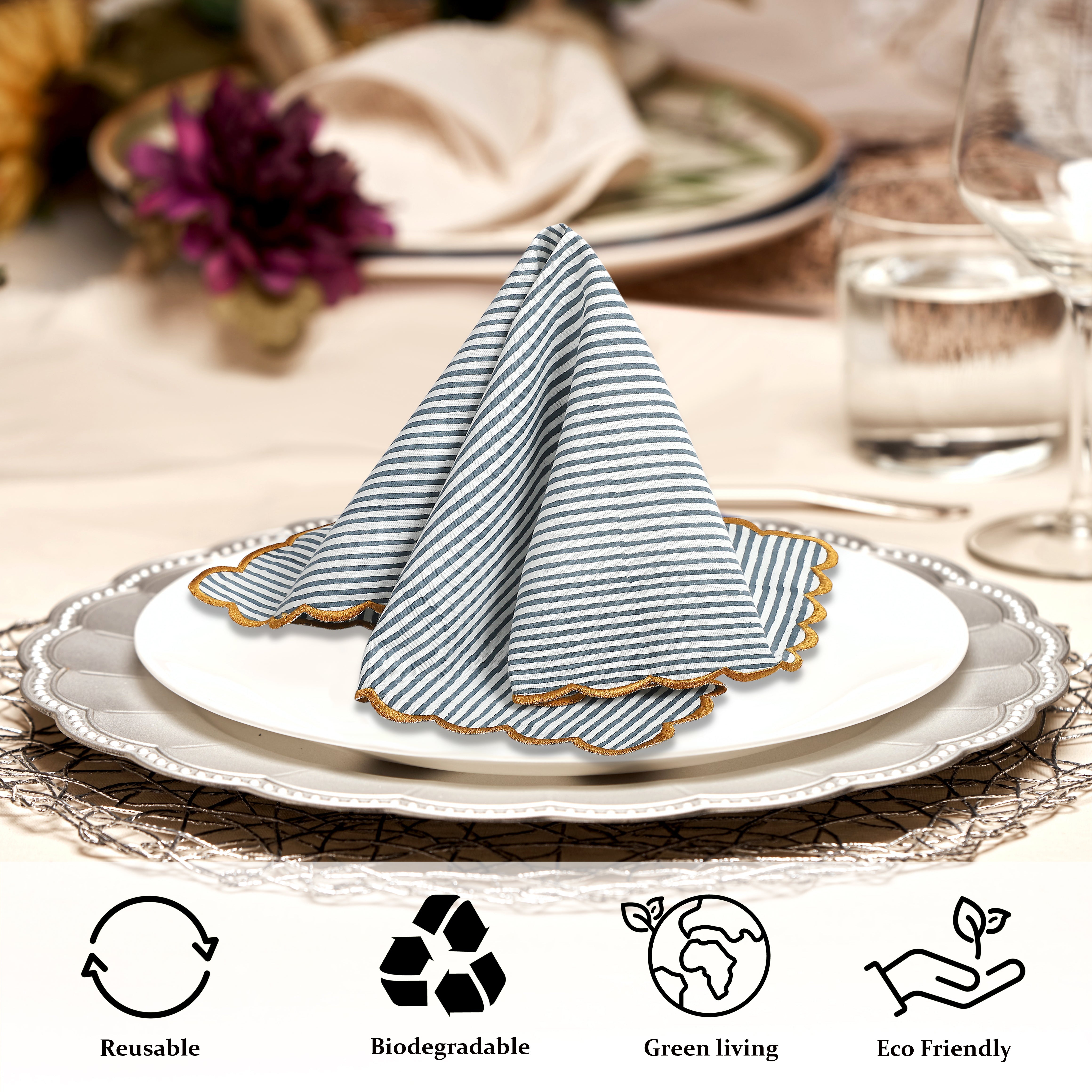 Green Striped Embroidery Napkins Ridhi Block Print