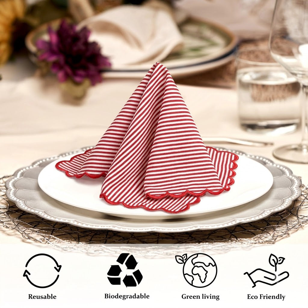 Ruby Red Stripe Embroidery Napkins Ridhi Block Print