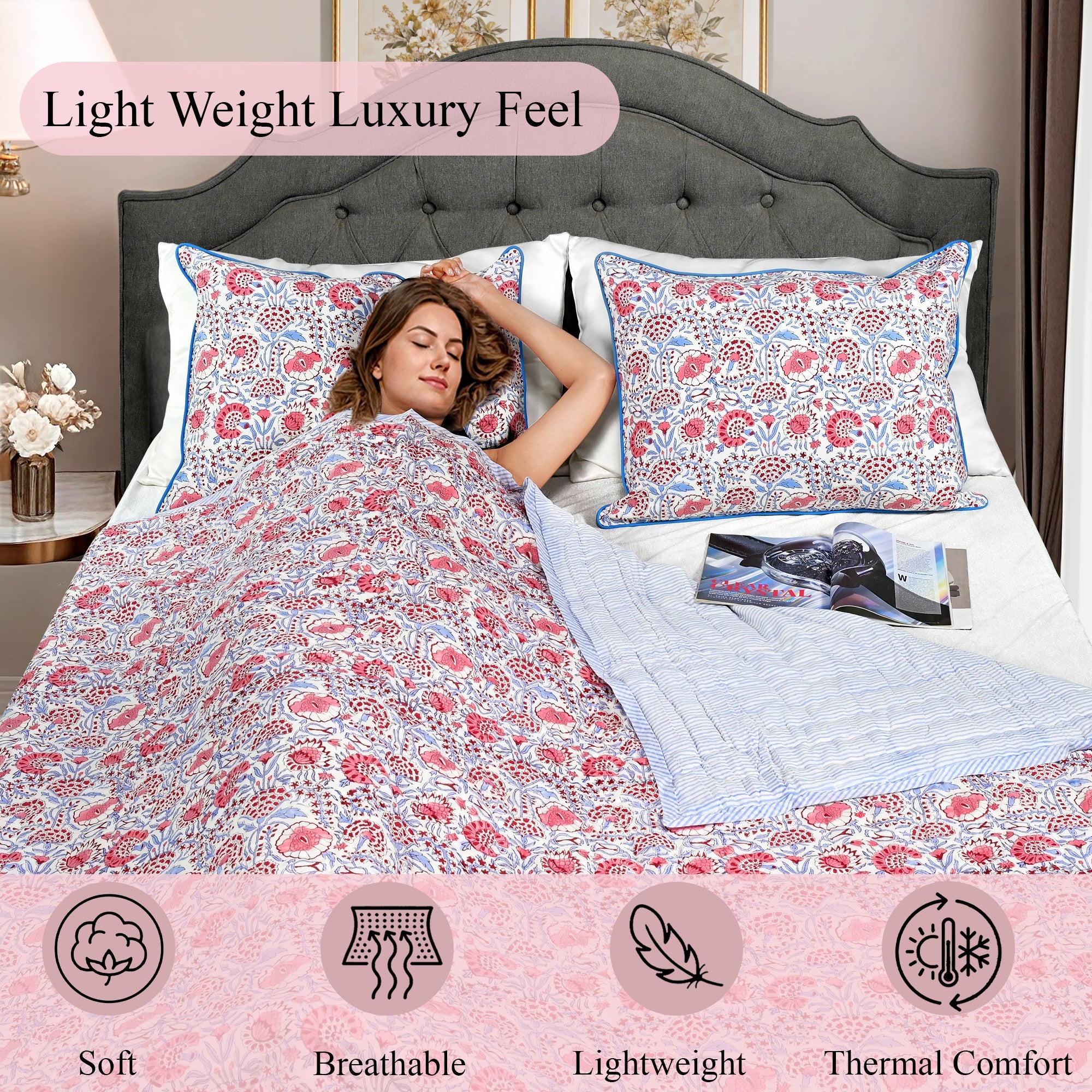 Pigeon Blue & Flamingo Pink Quilt Ridhi Block Print