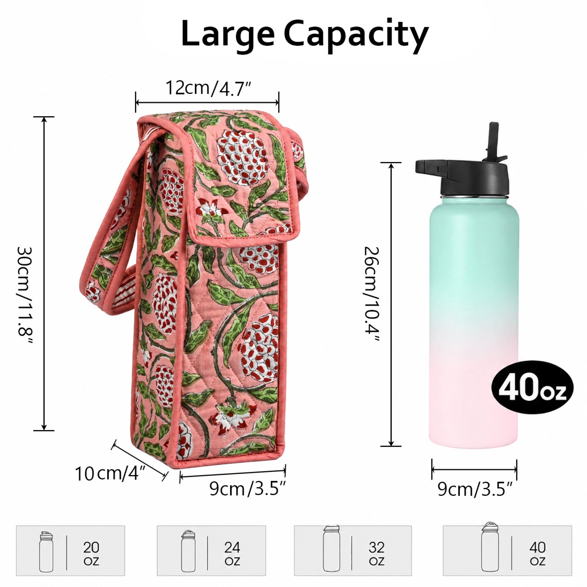 Strawberry Pink Block Print Quilted Water Bottle Holder Bag RIDHI