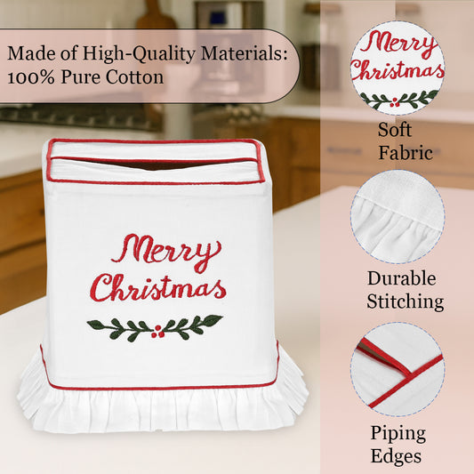 White towel with 'Merry Christmas' embroidery in a kitchen setting, featuring text about material quality.