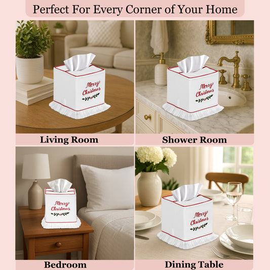 Tissue box with 'Merry Christmas' text displayed in various home settings.
