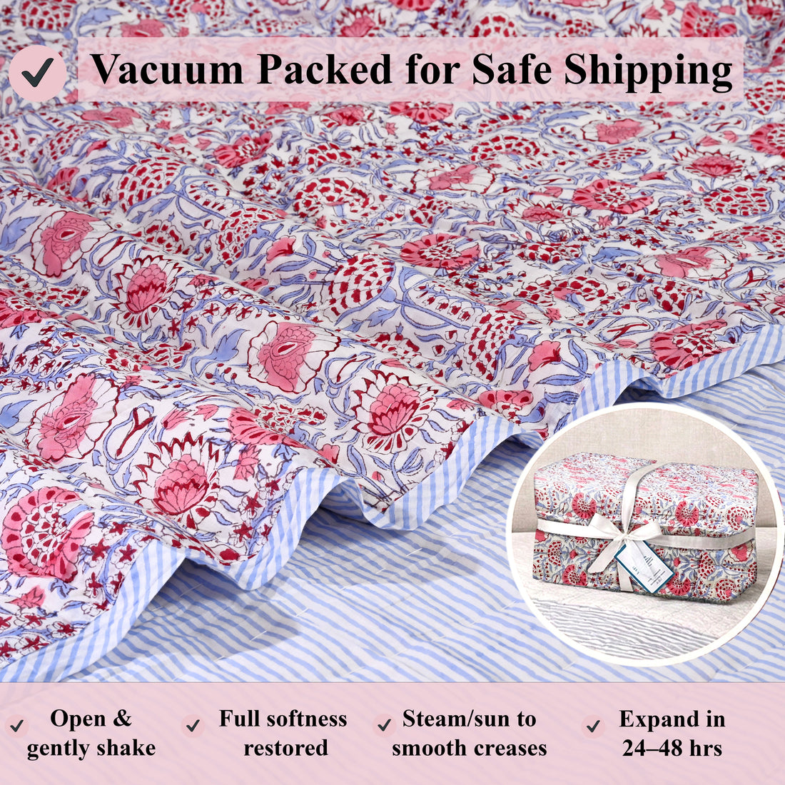 Pigeon Blue & Flamingo Pink Quilt Ridhi Block Print