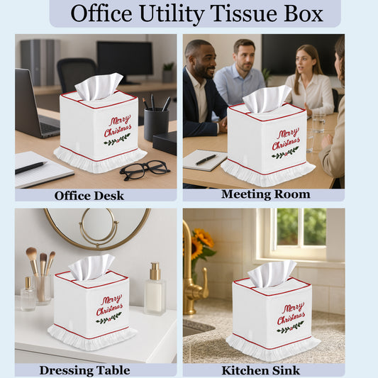 Office Utility Tissue Box with 'Merry Christmas' text displayed in various settings.