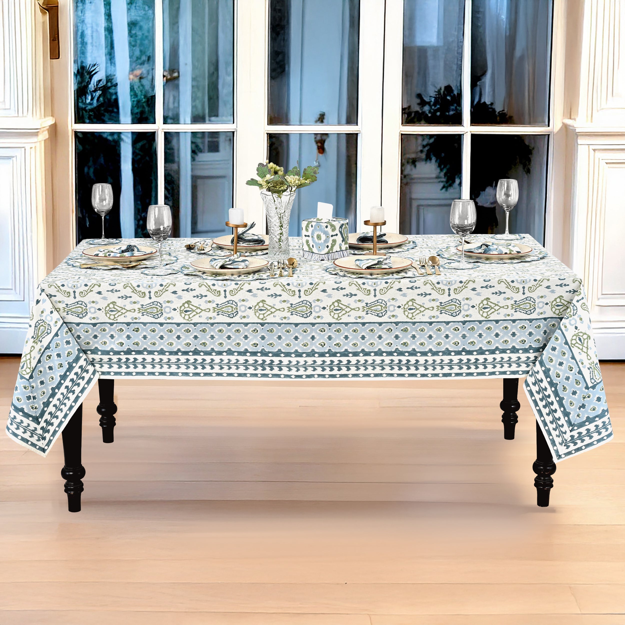 Costal Ikat blue and sage green Square & Rectangle Tablecloth Ridhi Block Print