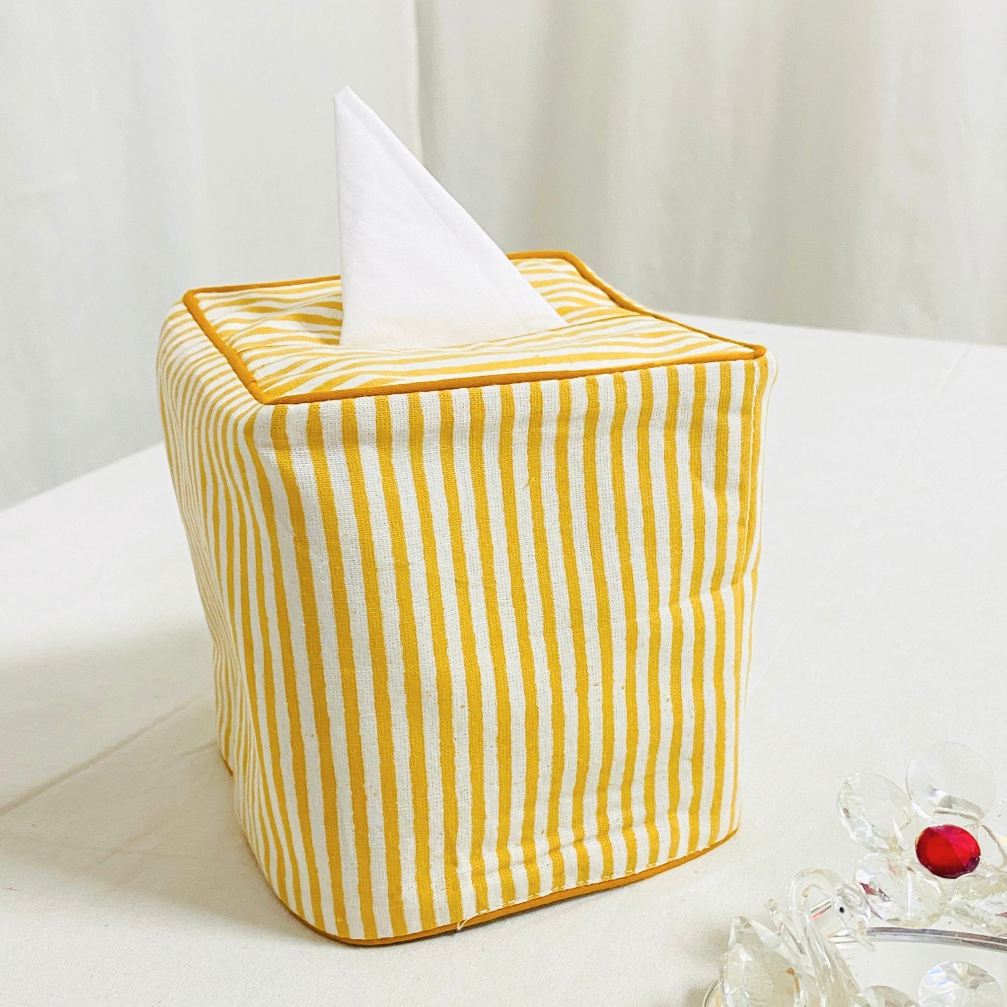 Saffron Yellow Striped Tissue Box Cover Ridhi Block Print