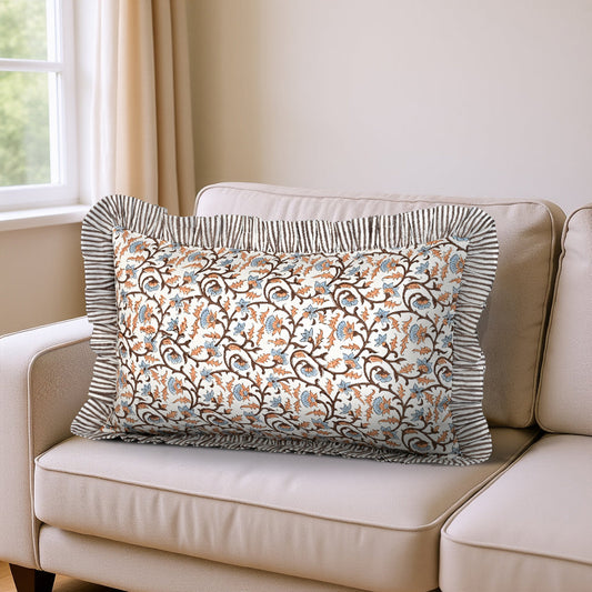 Hand Block Print Cotton Throw Pillow Cover - Brown Meadow Vine RIDHI