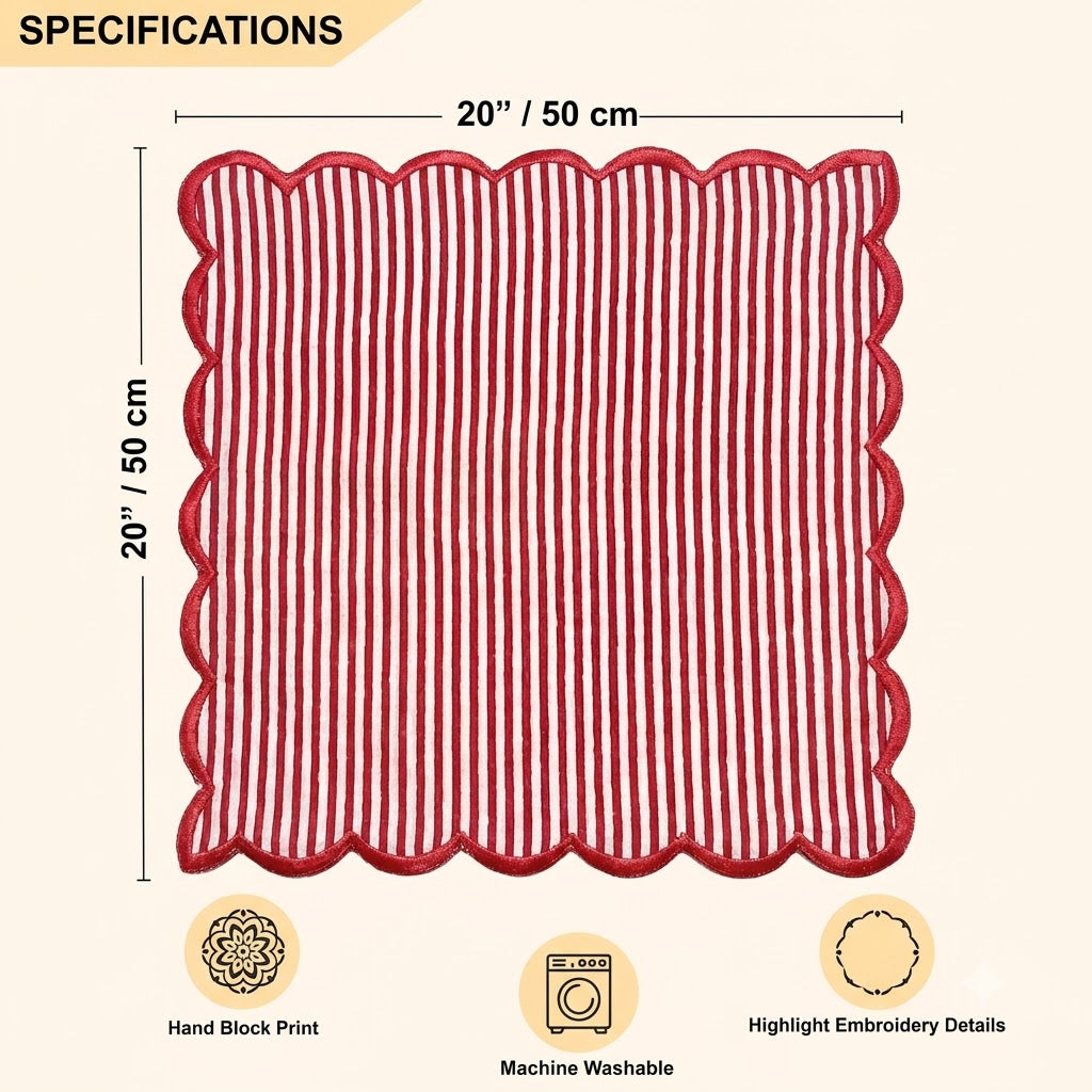 Ruby Red Stripe Embroidery Napkins Ridhi Block Print