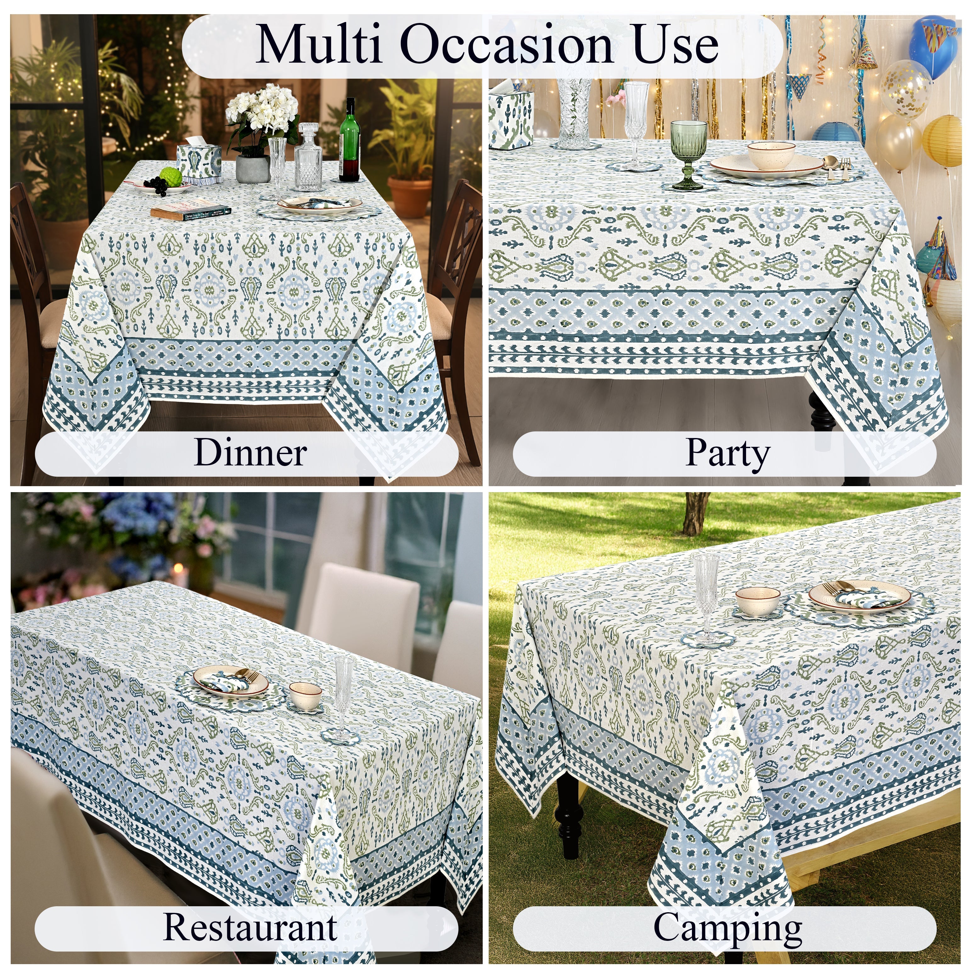 Costal Ikat blue and sage green Square & Rectangle Tablecloth Ridhi Block Print