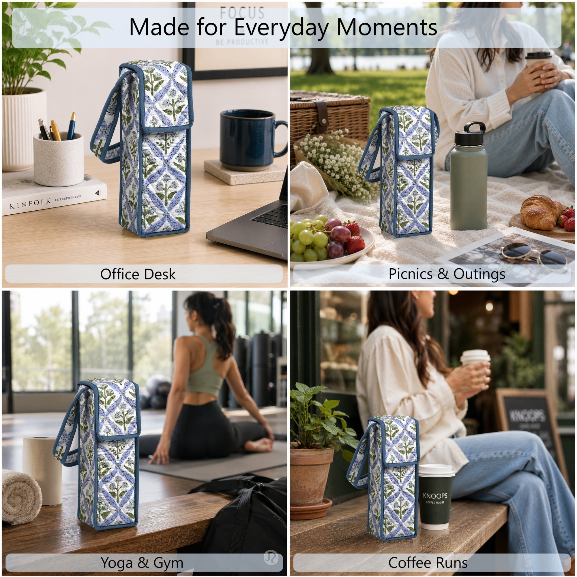 Light Steel Blue Block Print Quilted Water Bottle Holder Bag RIDHI