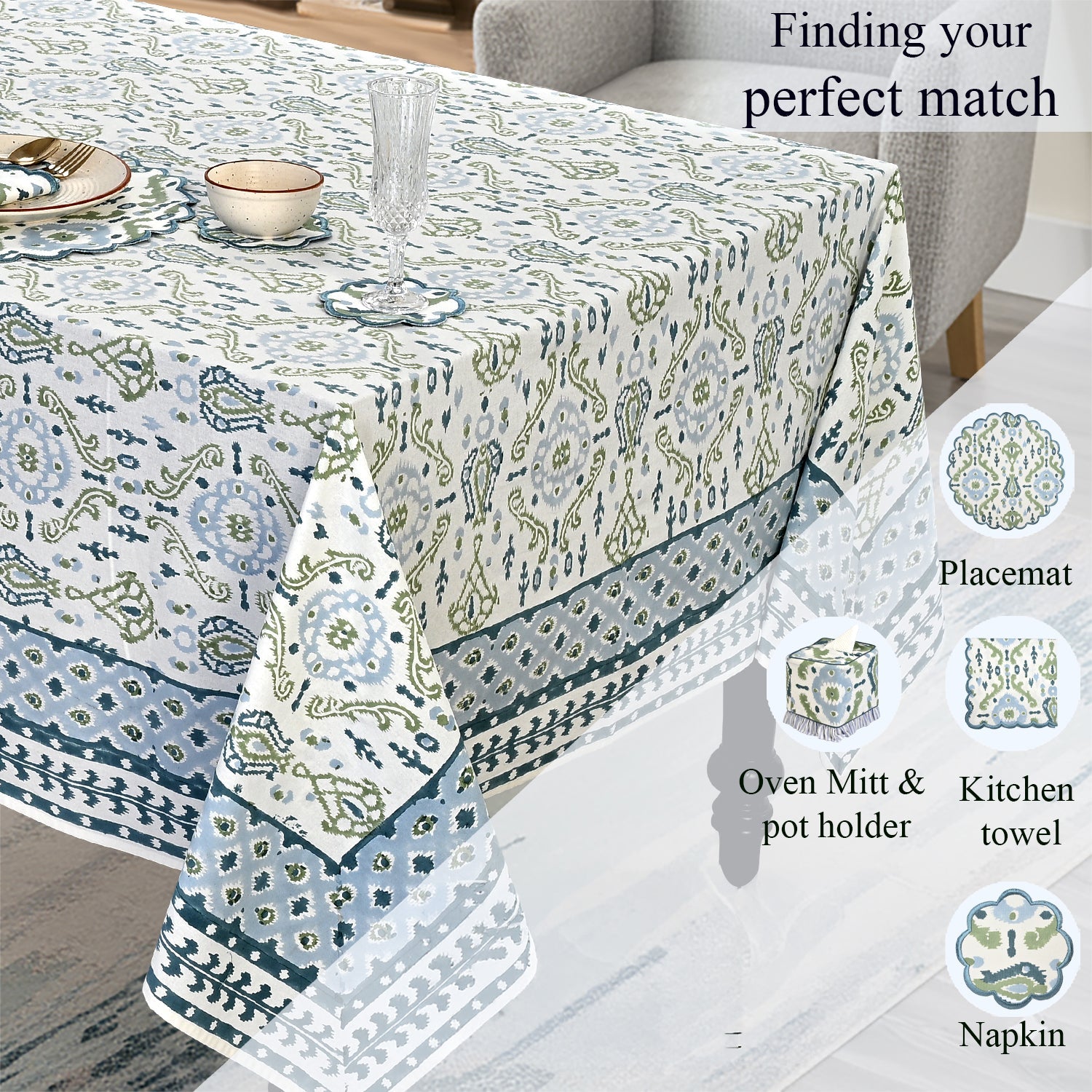 Costal Ikat blue and sage green Square & Rectangle Tablecloth Ridhi Block Print