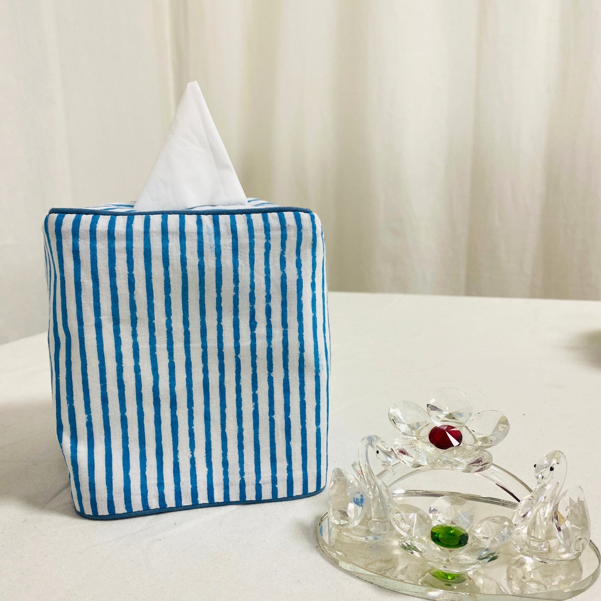 Aqua Blue Striped Tissue Box Cover Ridhi Block Print