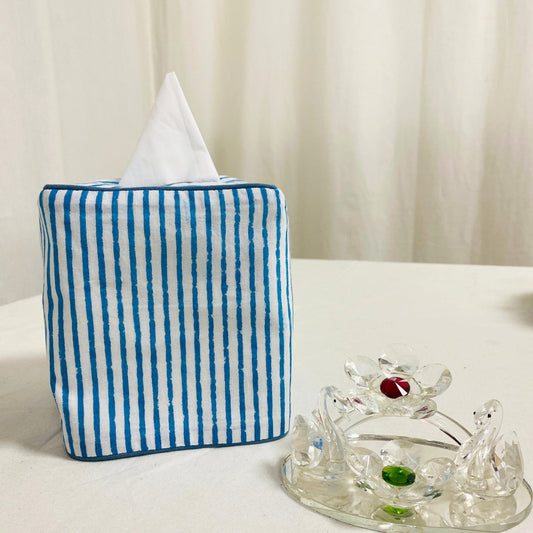 Aqua Blue Striped Tissue Box Cover Ridhi Block Print