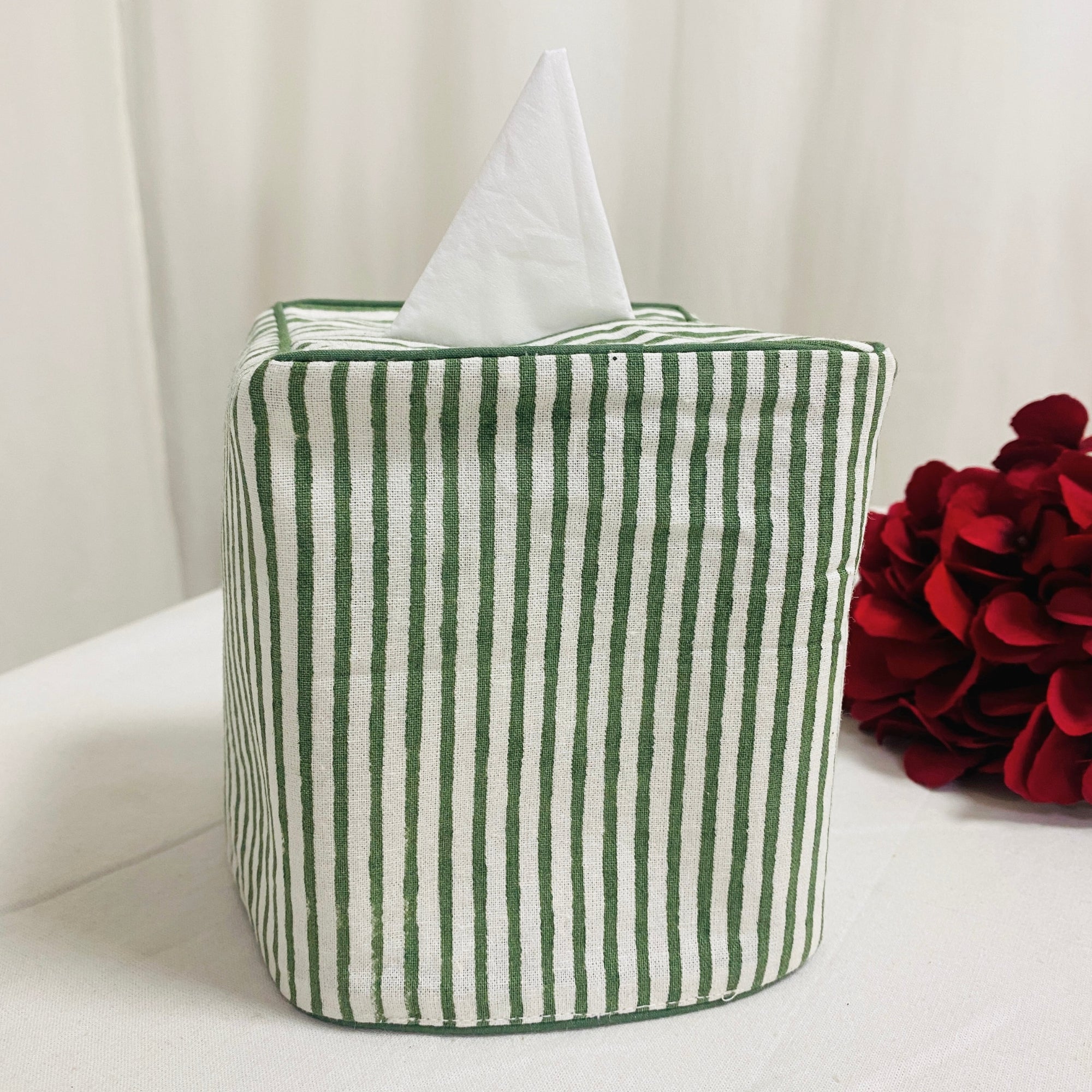 Forest Green Striped Tissue Box Cover Ridhi Block Print