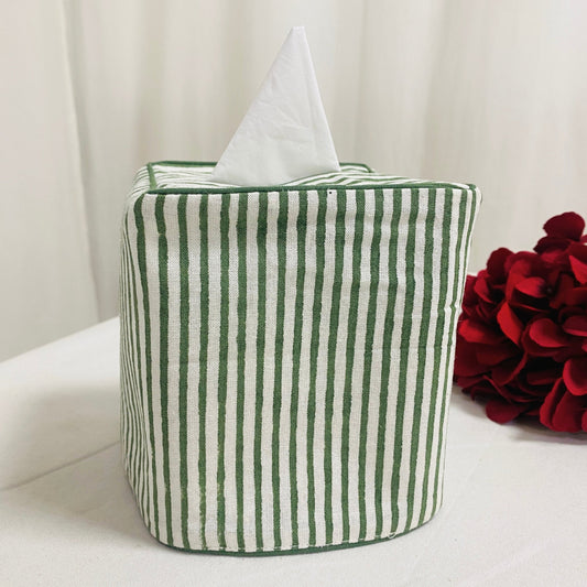 Forest Green Striped Tissue Box Cover Ridhi Block Print