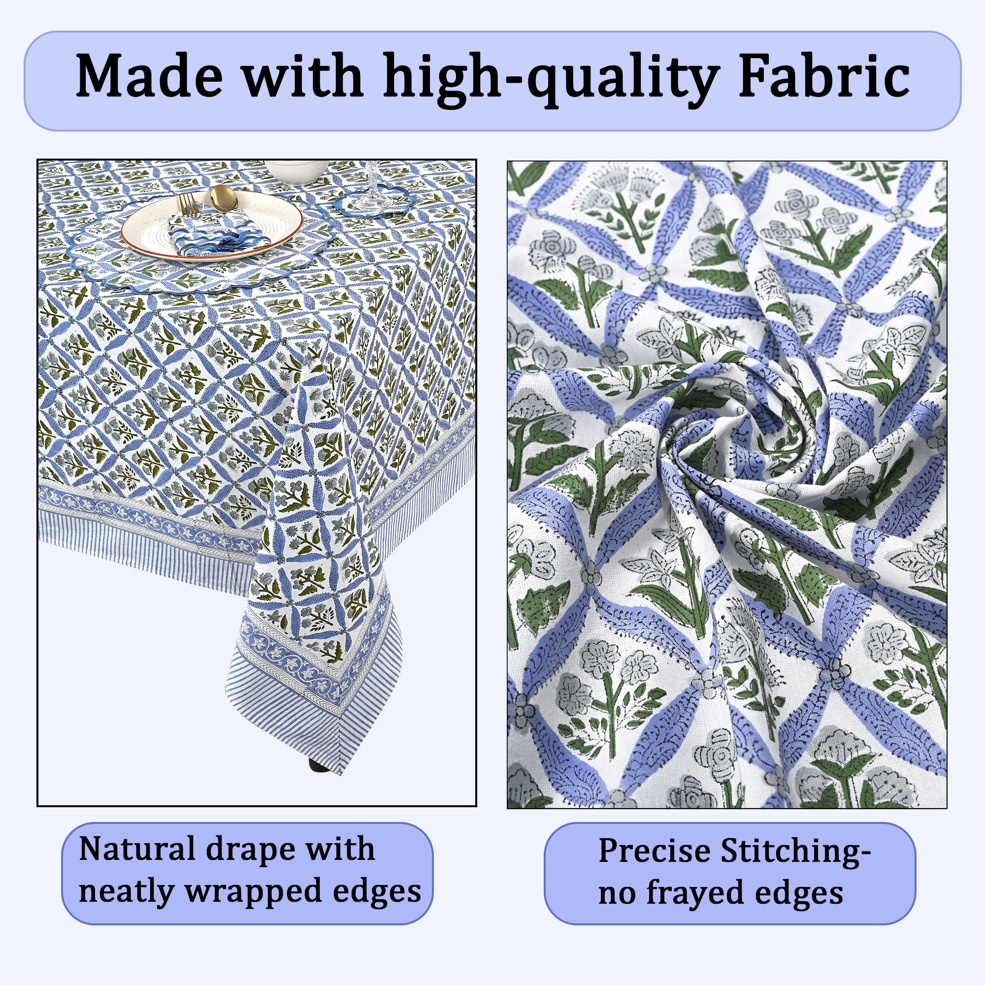 Light Steel Blue Square & Rectangle Tablecloths Ridhi Block Print