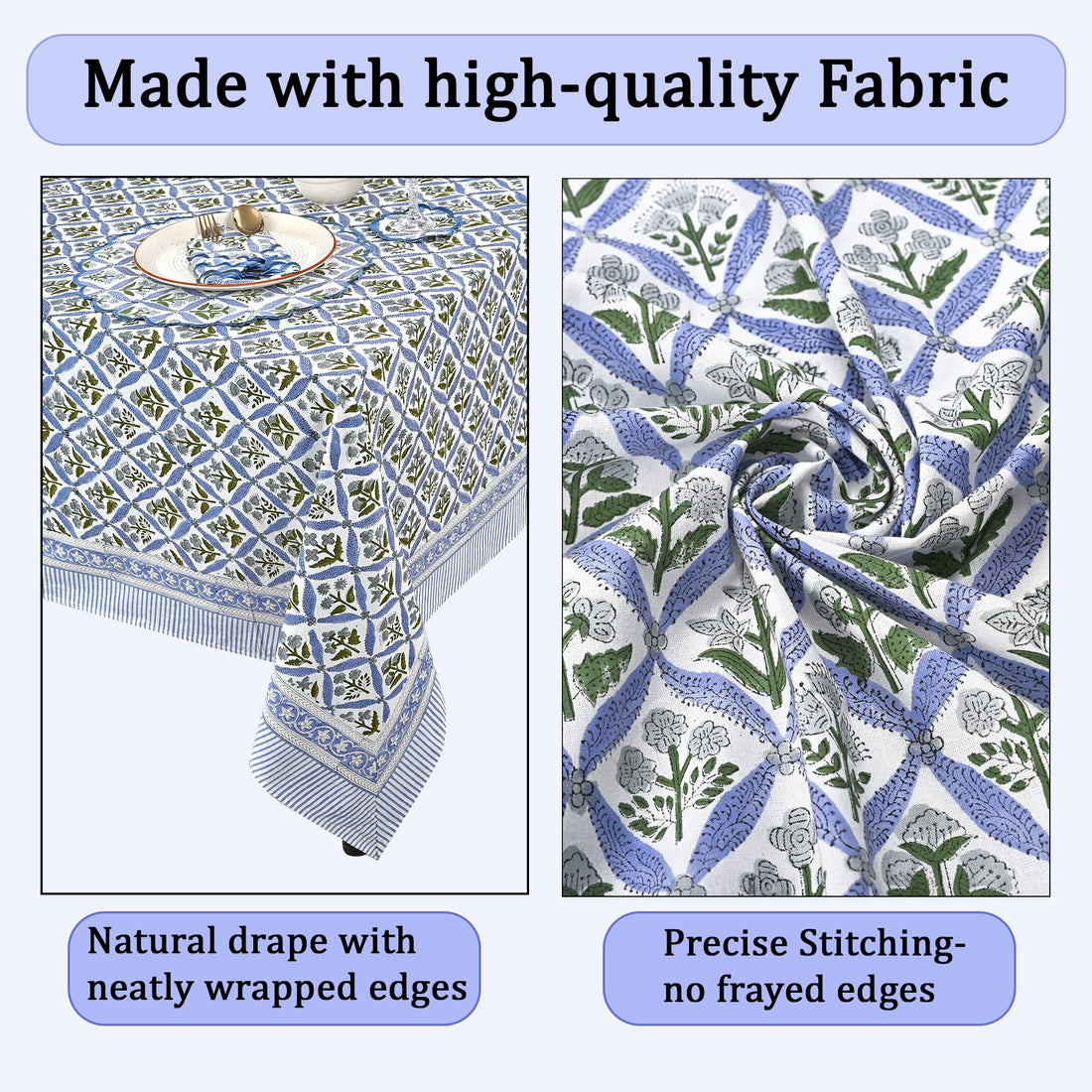 Light Steel Blue Square & Rectangle Tablecloths Ridhi Block Print
