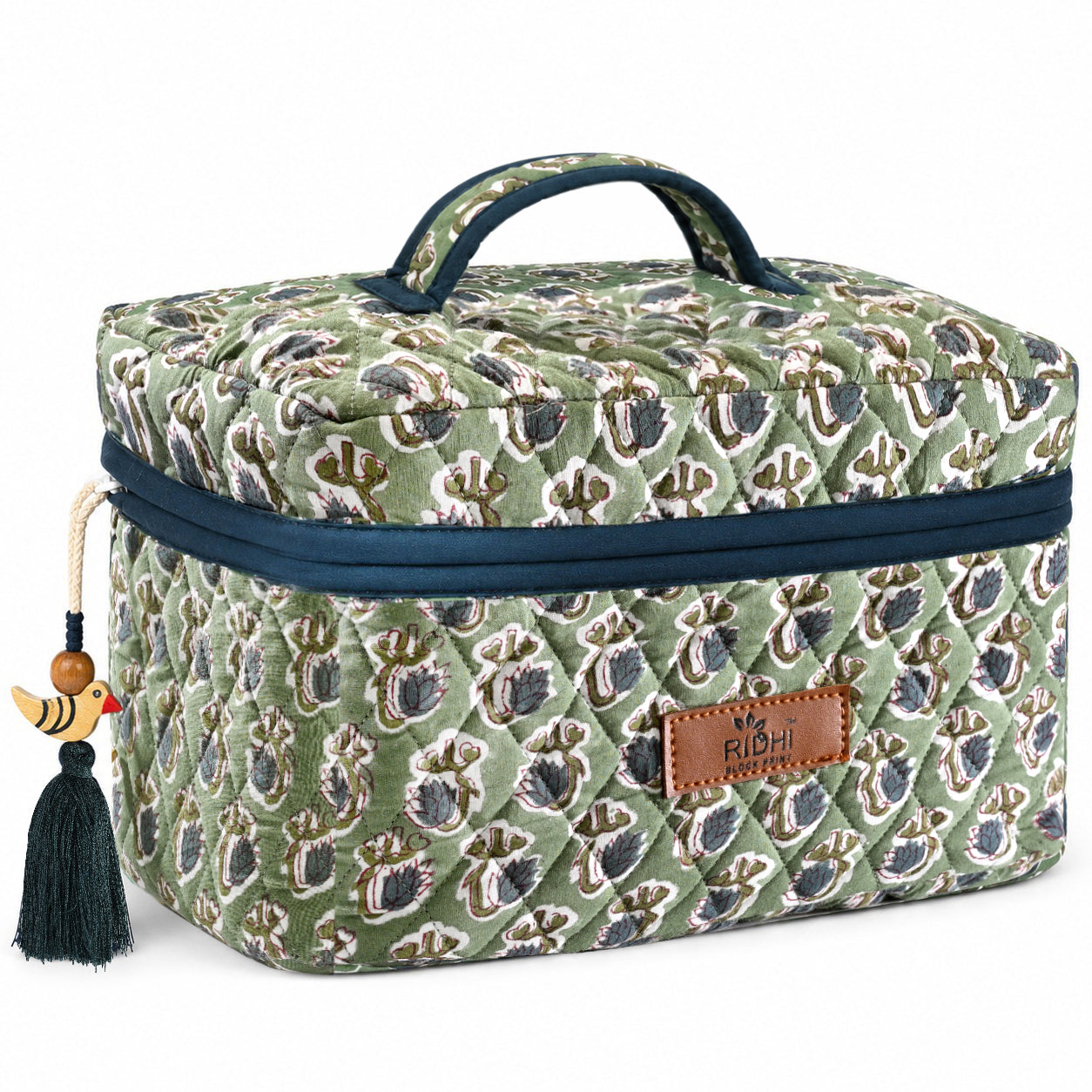 Basil Green Block Print Quilted Cosmetic Bag RIDHI