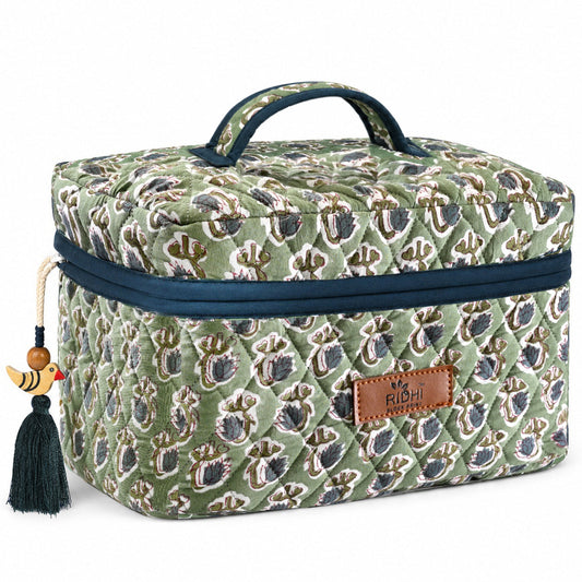 Basil Green Block Print Quilted Cosmetic Bag RIDHI