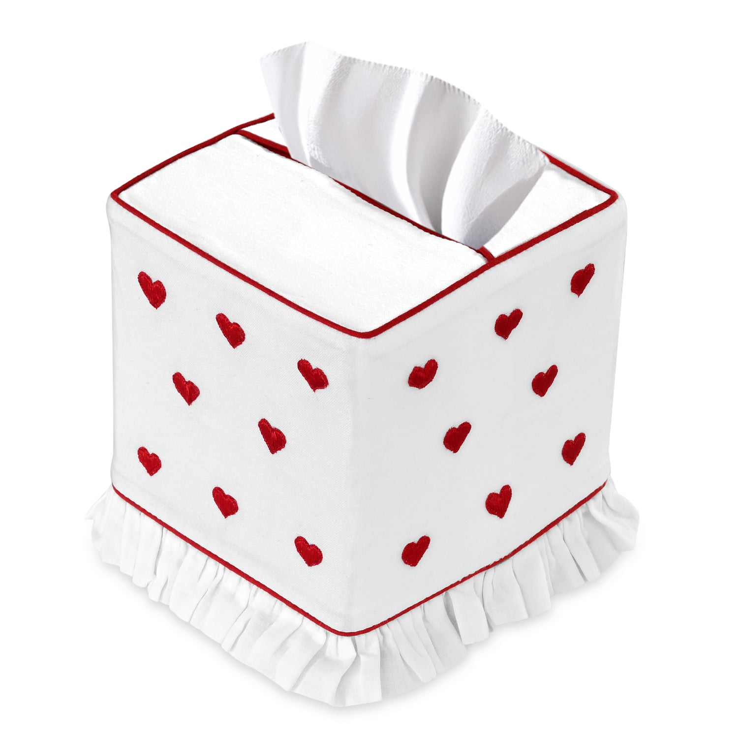 White tissue box cover with red heart patterns and ruffled edge on a white background