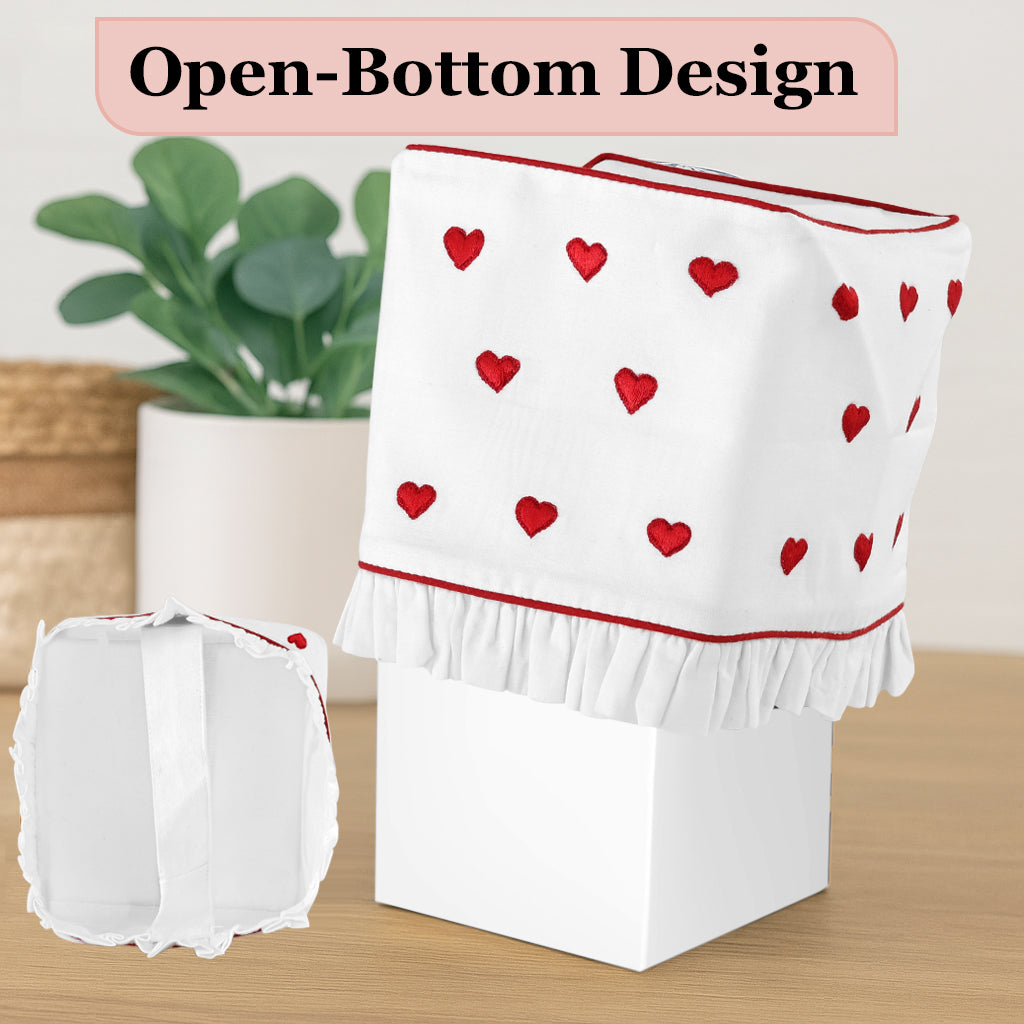 White appliance cover with red heart patterns on a wooden surface, with text 'Open-Bottom Design' above.