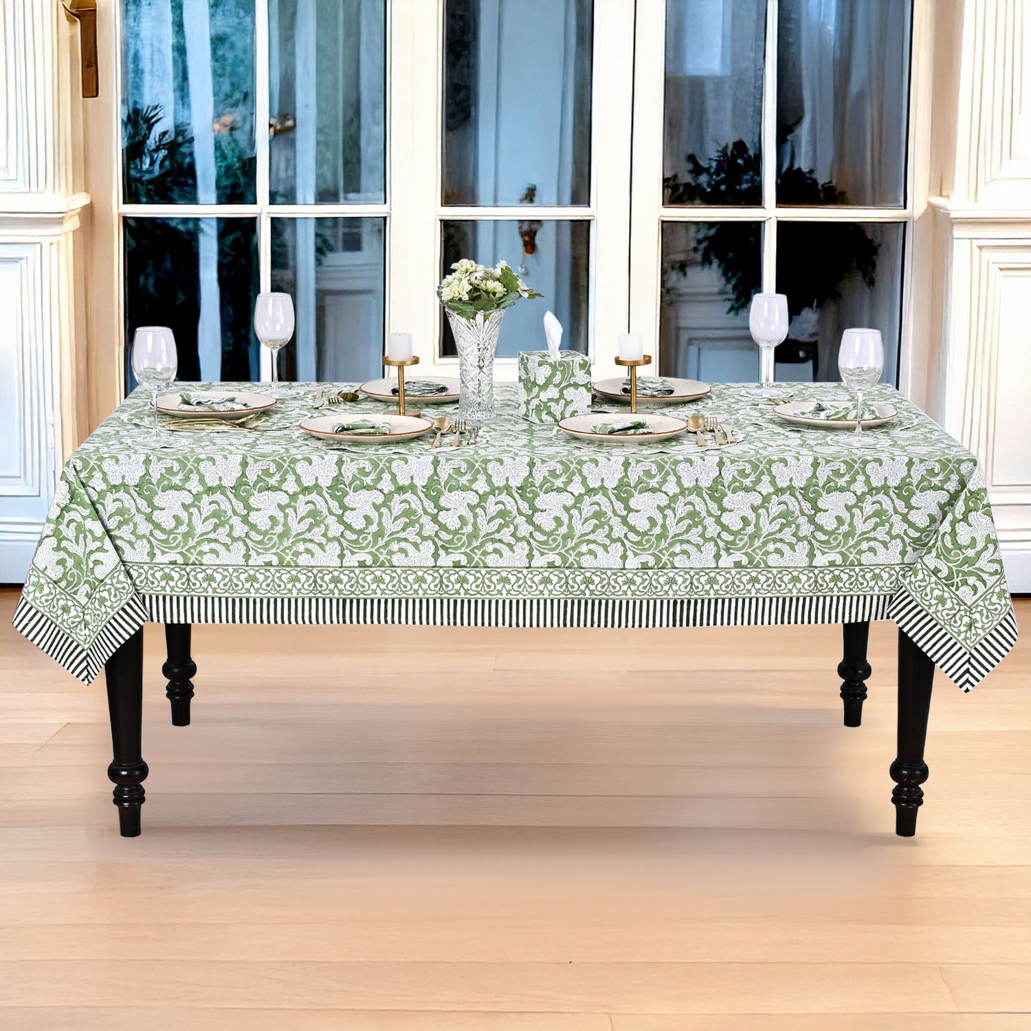 Sage Green Rectangle Tablecloth Ridhi Block Print