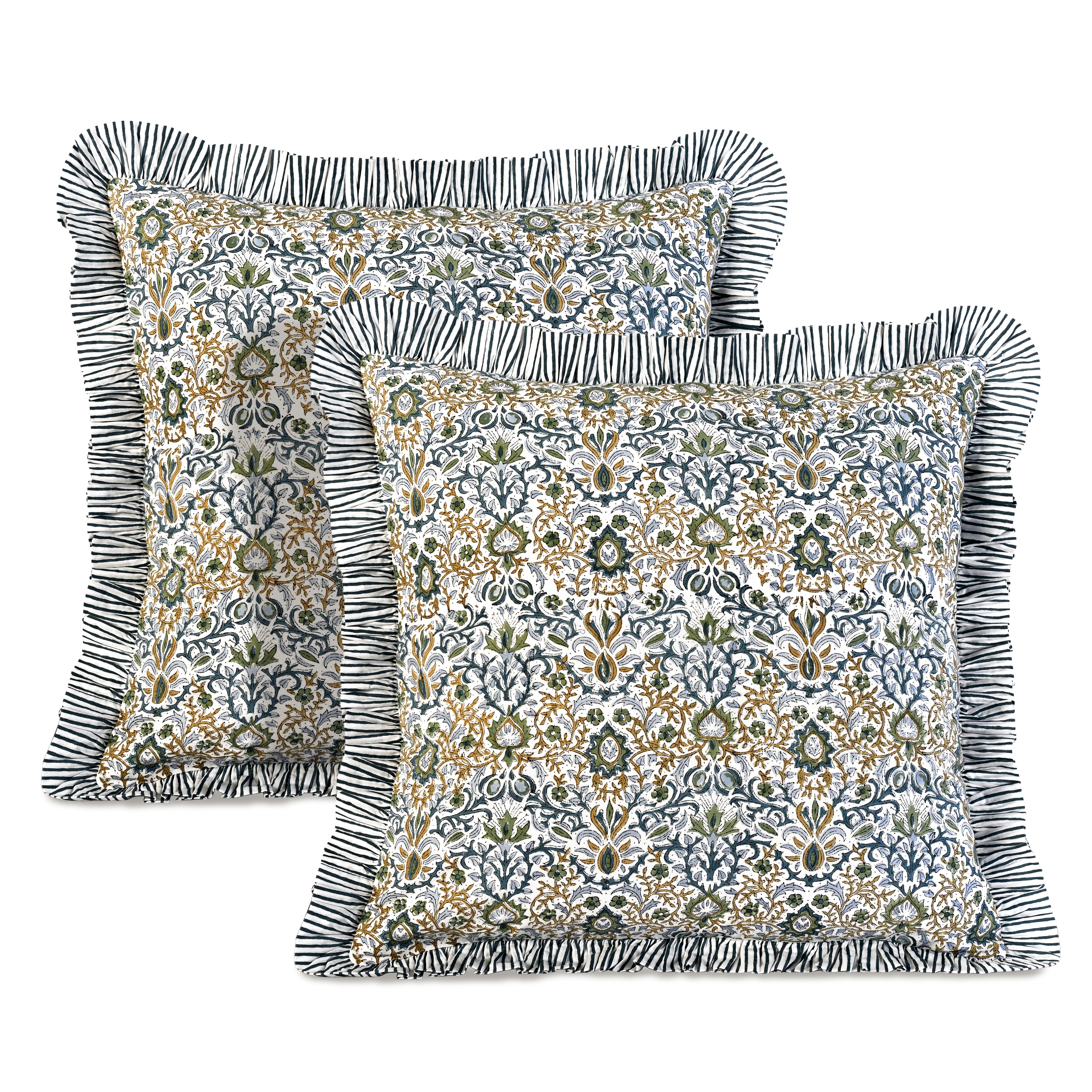 Indigo Floral Ruffle Pillow Cover Ridhi Block Print