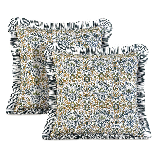 Indigo Floral Ruffle Pillow Cover Ridhi Block Print
