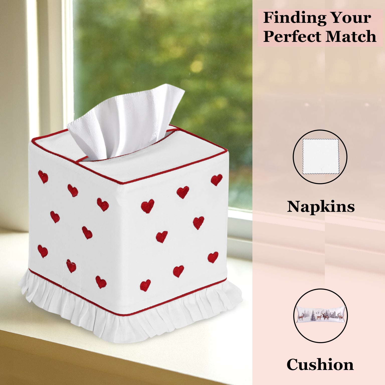 Tissue box cover with red heart pattern on a windowsill, with 'Napkins' and 'Cushion' options shown.
