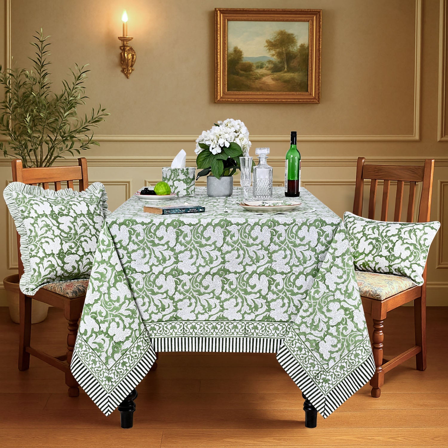 Sage Green Rectangle Tablecloth Ridhi Block Print