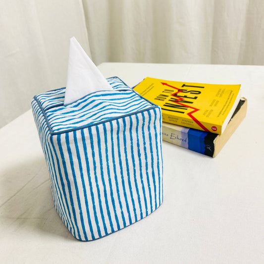 Aqua Blue Striped Tissue Box Cover Ridhi Block Print