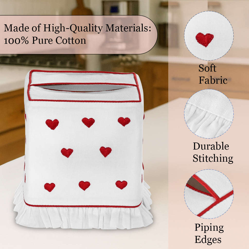 White laundry basket with red hearts and text about high-quality materials