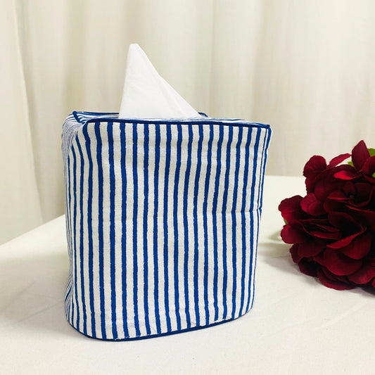 Navy Blue Striped Tissue Box Cover Ridhi Block Print