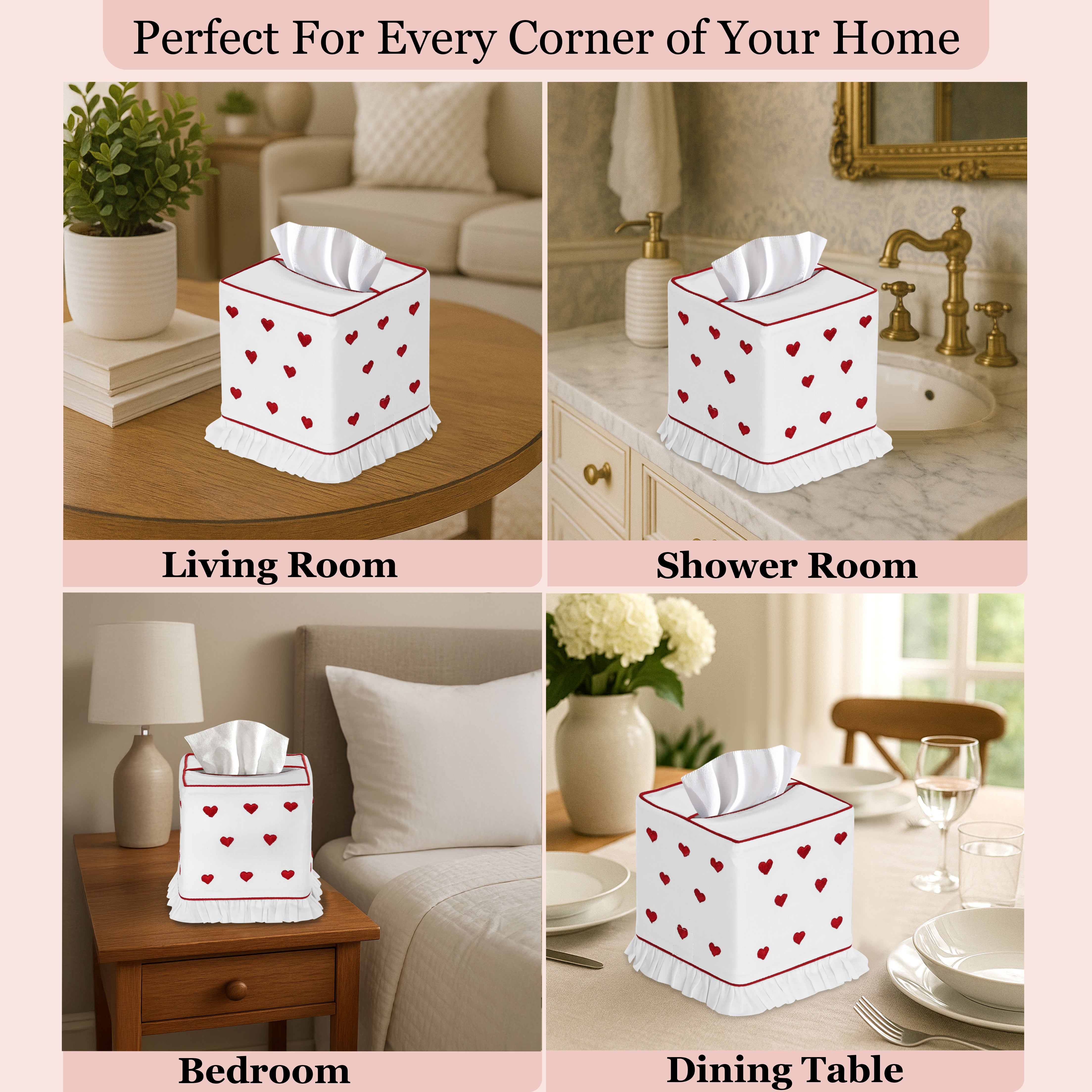 Tissue box with heart pattern displayed in various home settings.