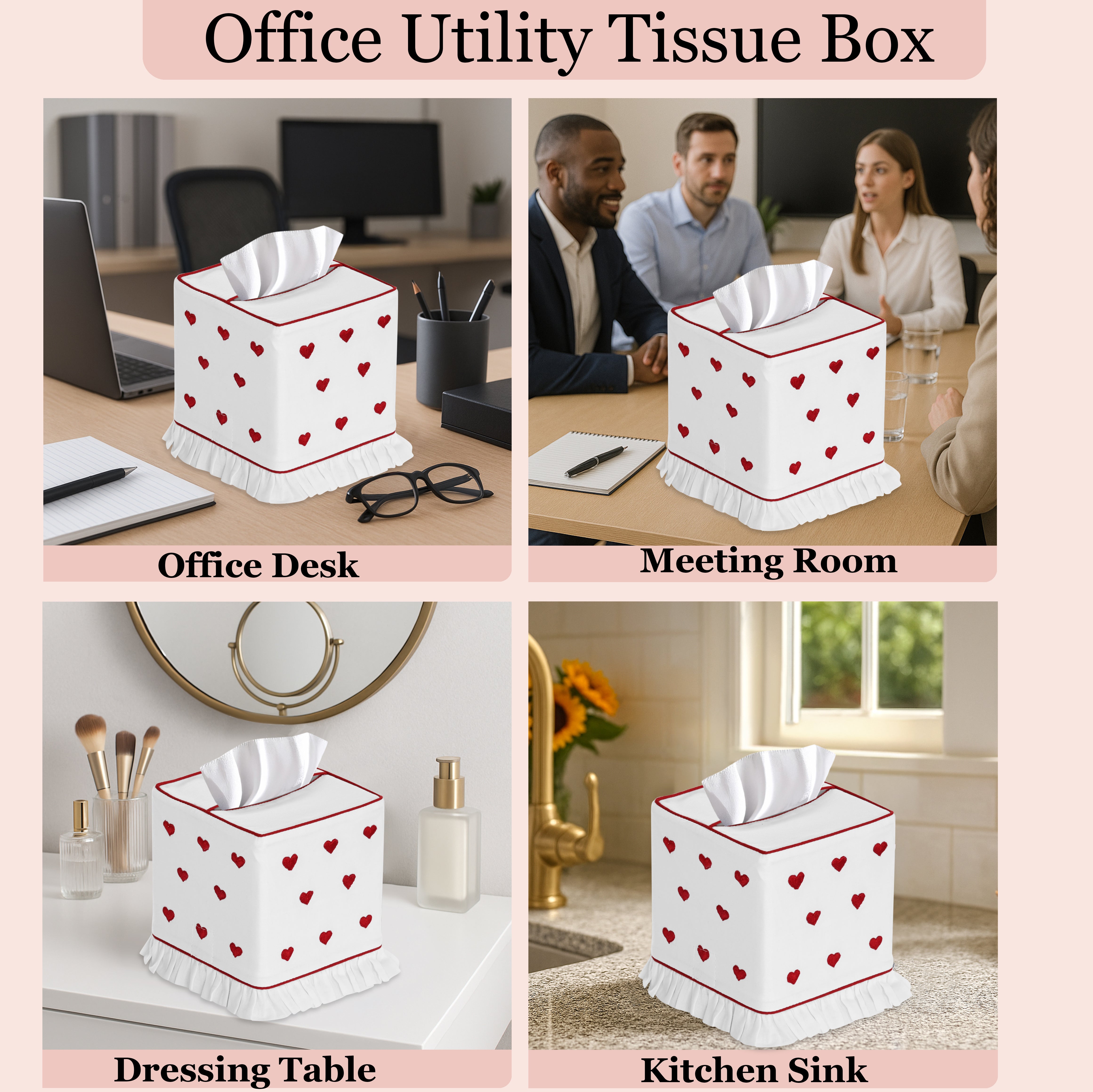 Collage of office utility tissue box with heart pattern in various settings.