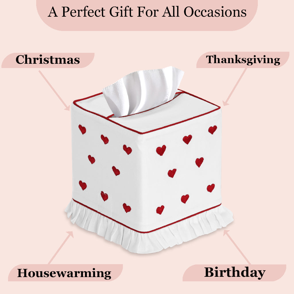 Tissue box cover with red heart patterns on a pink background, labeled for various occasions.