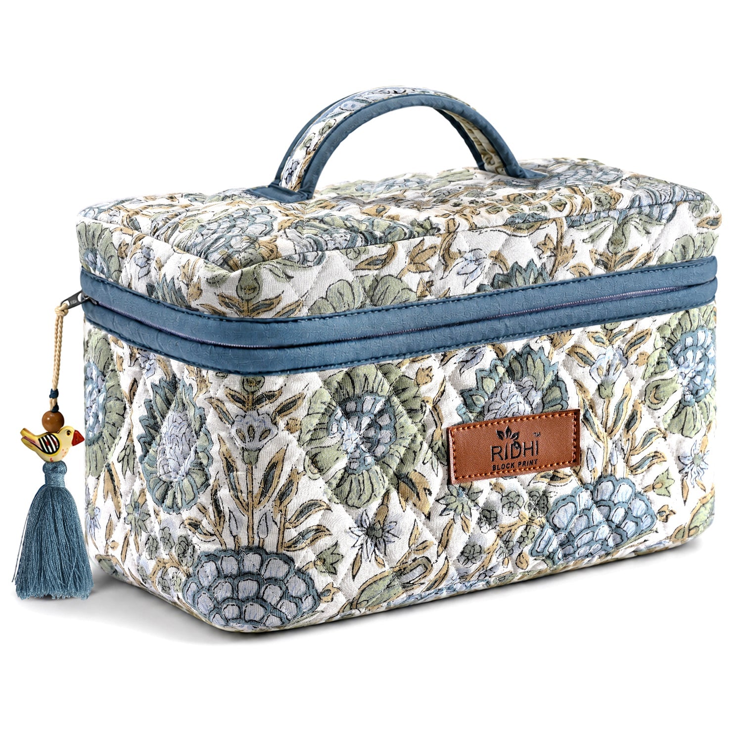 Asparagus Green Block Print Quilted Cosmetic Bag RIDHI