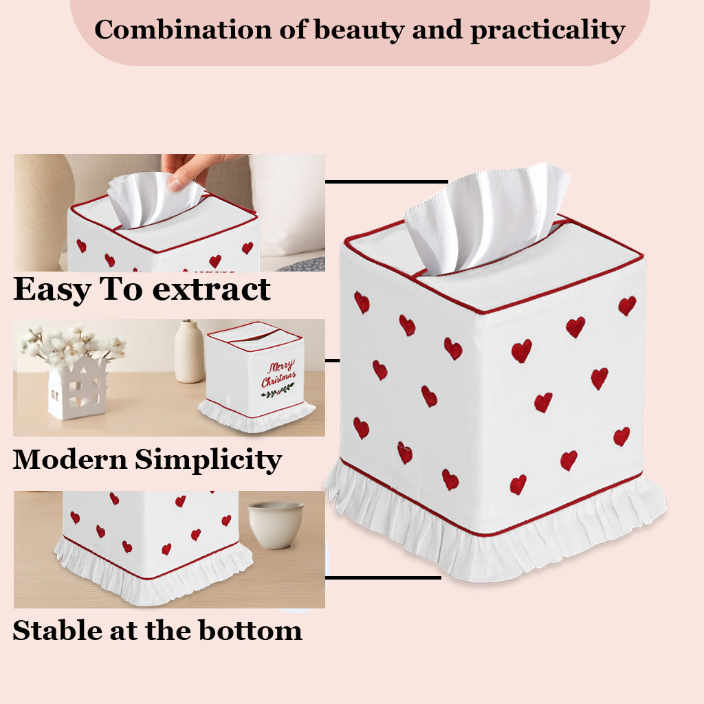Tissue box cover with red heart pattern on a beige background